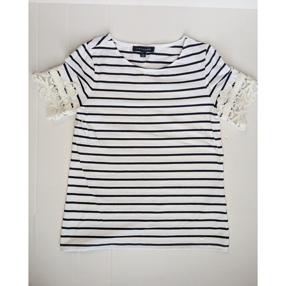 Tommy Hilfiger Striped Lace-Trim Top Size Small White And Black Women's
